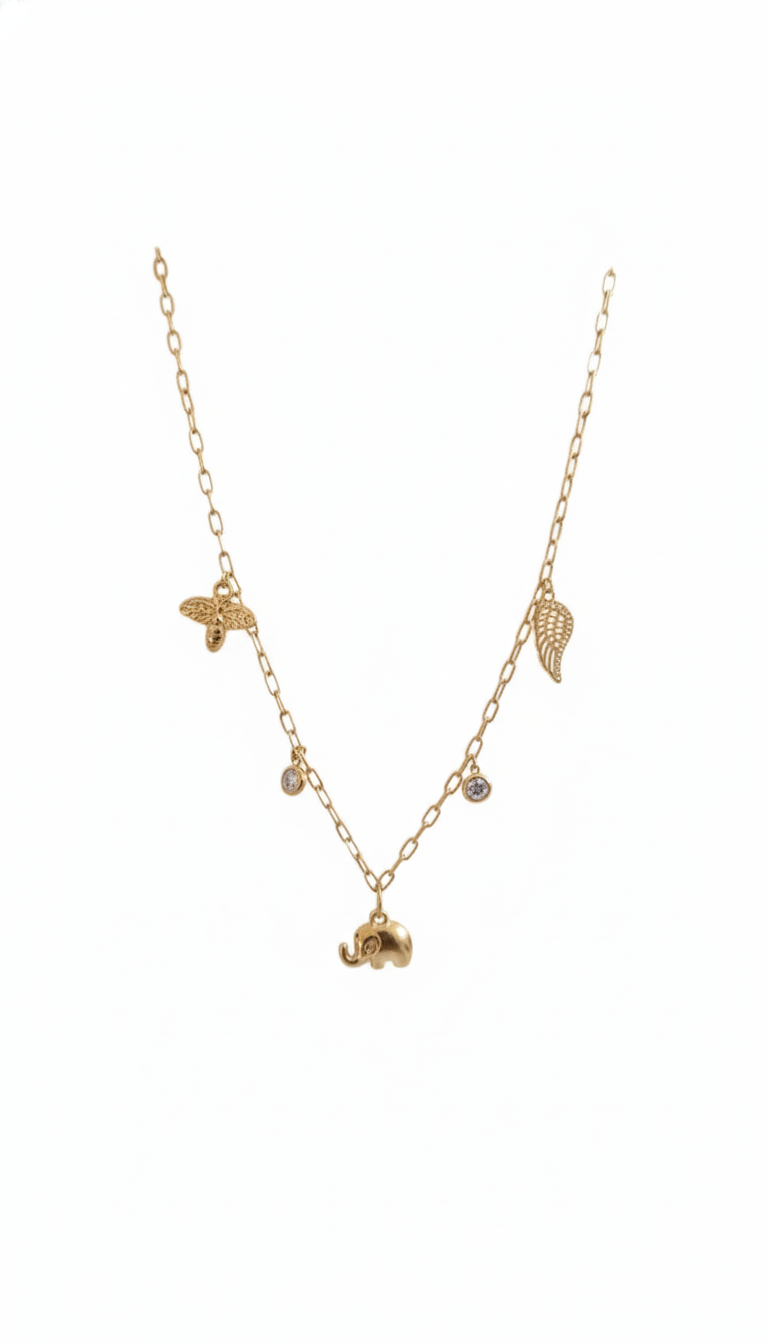Gold-Plated Elephant Charm Necklace with Wing and Bee Pendants and Stone Accents