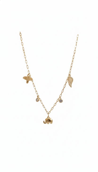 Gold-Plated Elephant Charm Necklace with Wing and Bee Pendants and Stone Accents