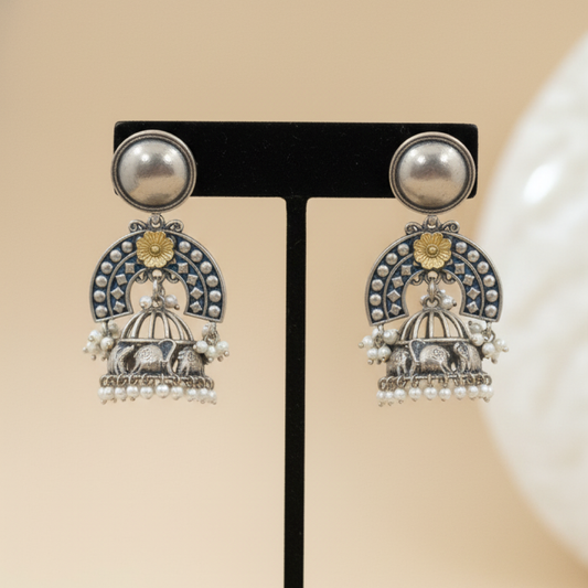 Oxidized Silver Dome Jhumka Earrings with Elephant Design and Pearl Beads