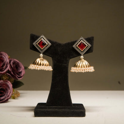 Red Square Stud Dome Jhumka Earrings