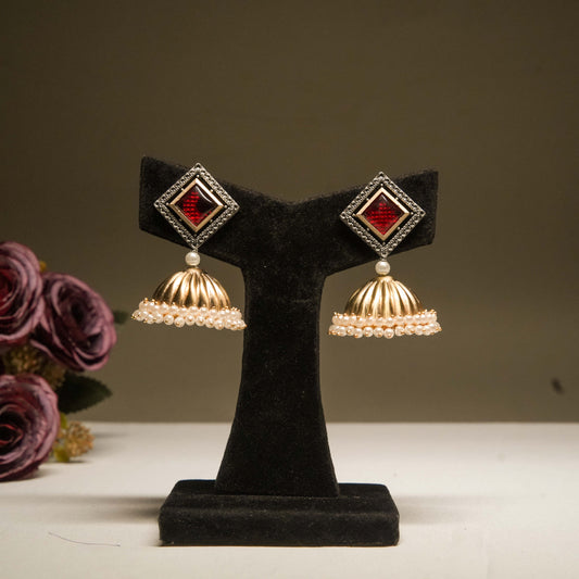 Red Square Stud Dome Jhumka Earrings