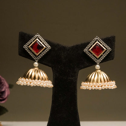 Red Square Stud Dome Jhumka Earrings