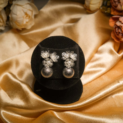 Crystal Floral Stud Earrings with Pearl Ball Drop