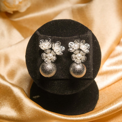 Crystal Floral Stud Earrings with Pearl Ball Drop