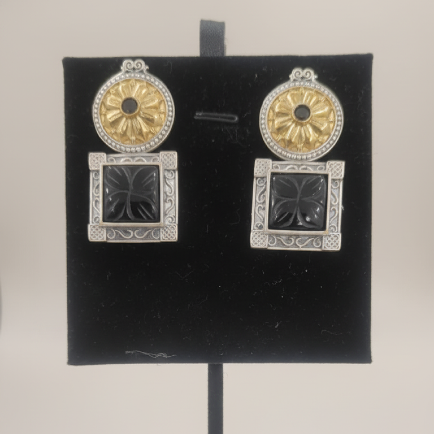 Antique Silver and Gold Floral Earrings with Black Carved Square Stone Design