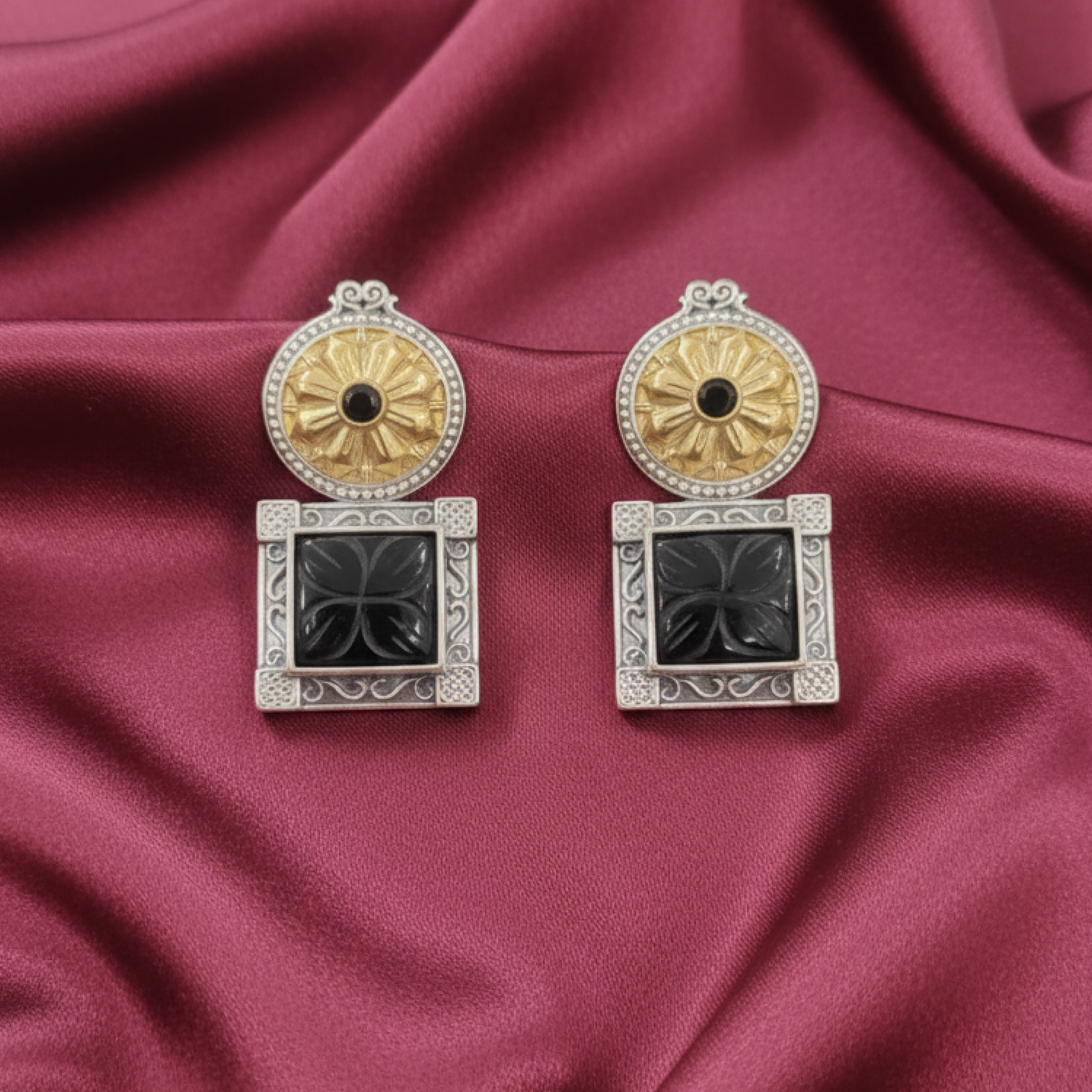 Antique Silver and Gold Floral Earrings with Black Carved Square Stone Design white