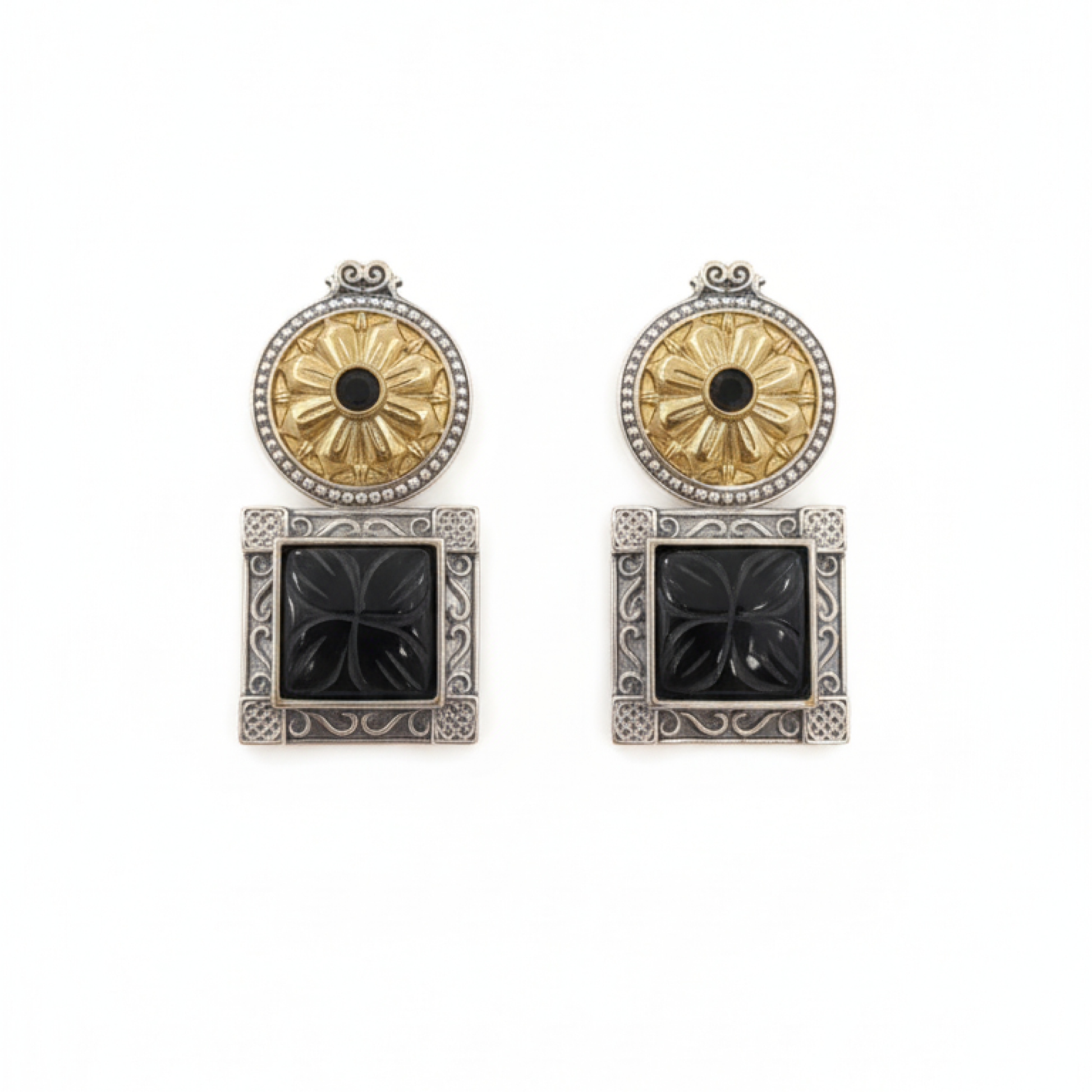 Antique Silver and Gold Floral Earrings with Black Carved Square Stone Design ground