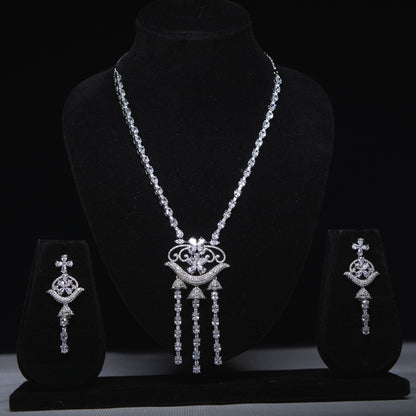 Cascade Royale Rhodium-Plated Tassel CZ Necklace & Earrings Set