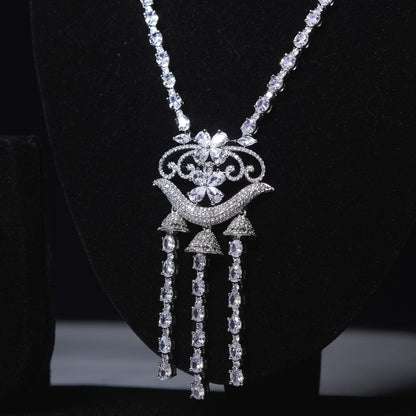 Cascade Royale Rhodium-Plated Tassel CZ Necklace & Earrings Set