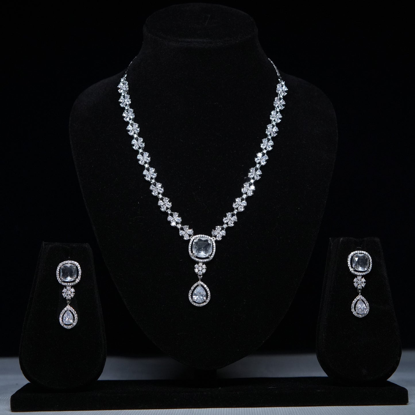 Moonlit Mist” Cushion & Teardrop CZ Necklace Set