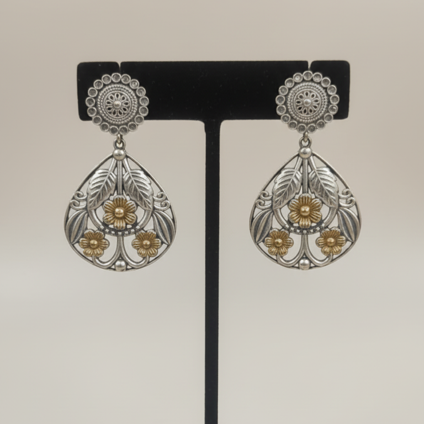 Oxidized Silver Teardrop Floral Earrings with Gold Accents and Leaf Design