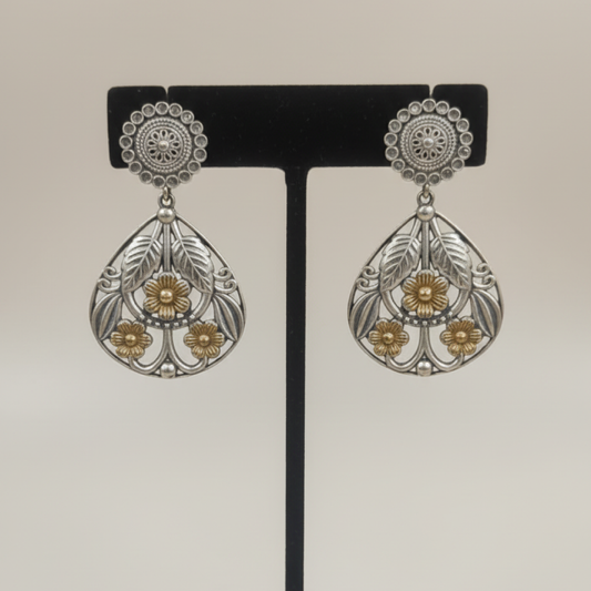 Oxidized Silver Teardrop Floral Earrings with Gold Accents and Leaf Design