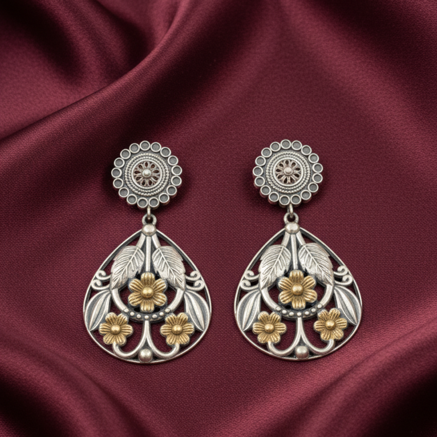 Oxidized Silver Teardrop Floral Earrings with Gold Accents and Leaf Design