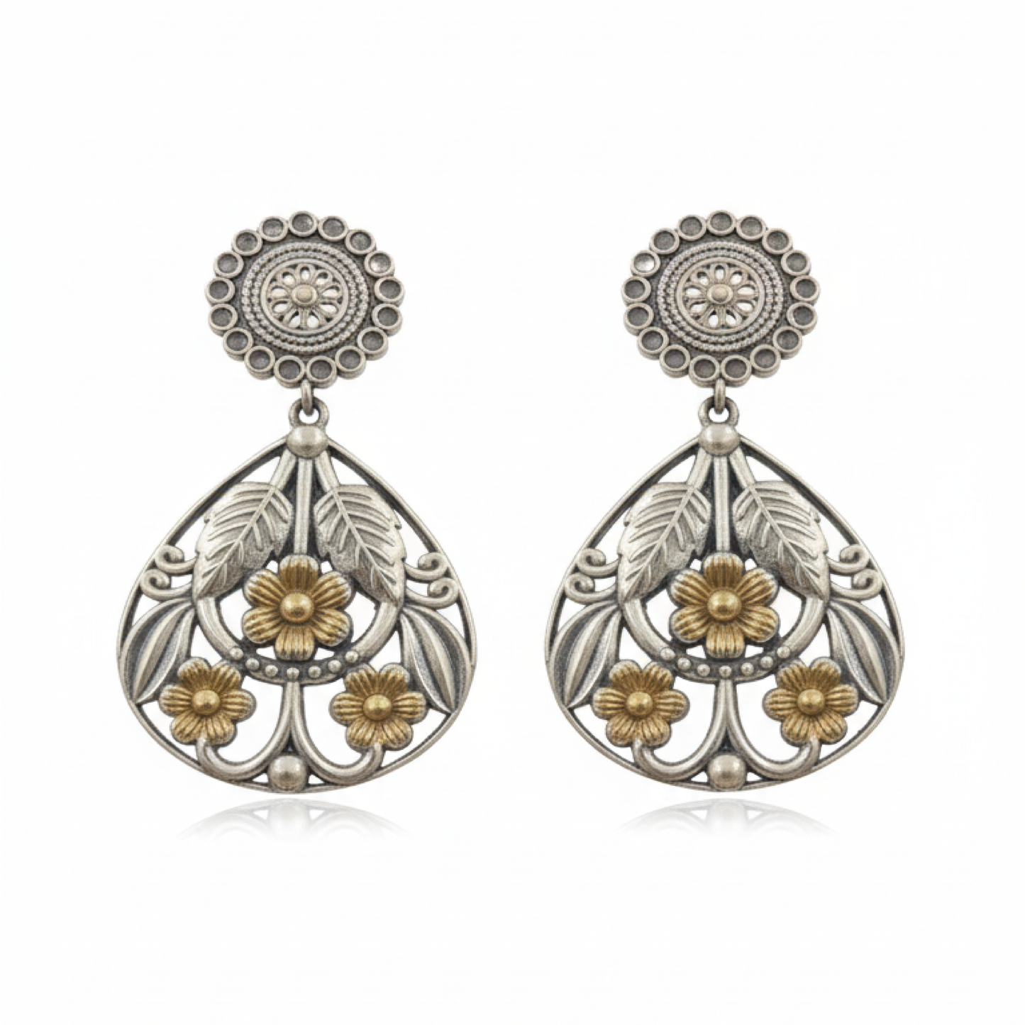 Oxidized Silver Teardrop Floral Earrings with Gold Accents and Leaf Design