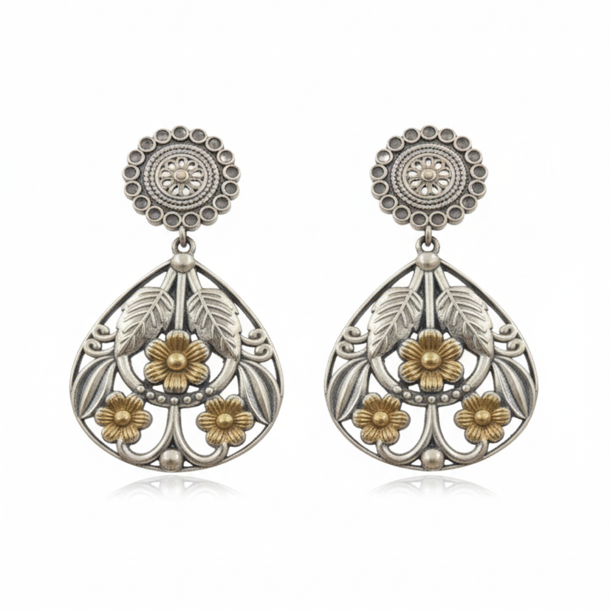 Oxidized Silver Teardrop Floral Earrings with Gold Accents and Leaf Design