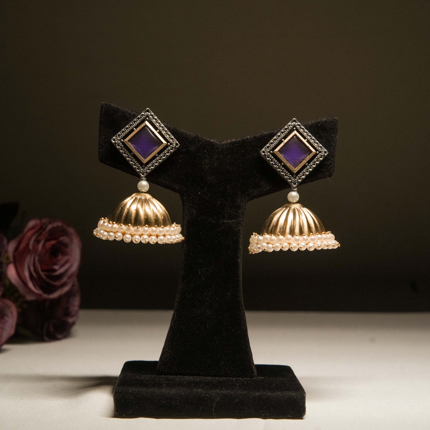 Purple Square Stud Dome Jhumka Earrings