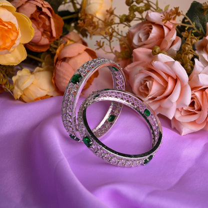 Silver-Tone Diamond-Cut Bangles with Emerald Green Stones