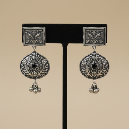 Oxidized Silver Black Stone Drop Earrings with Floral Engraving and Antique Finish
