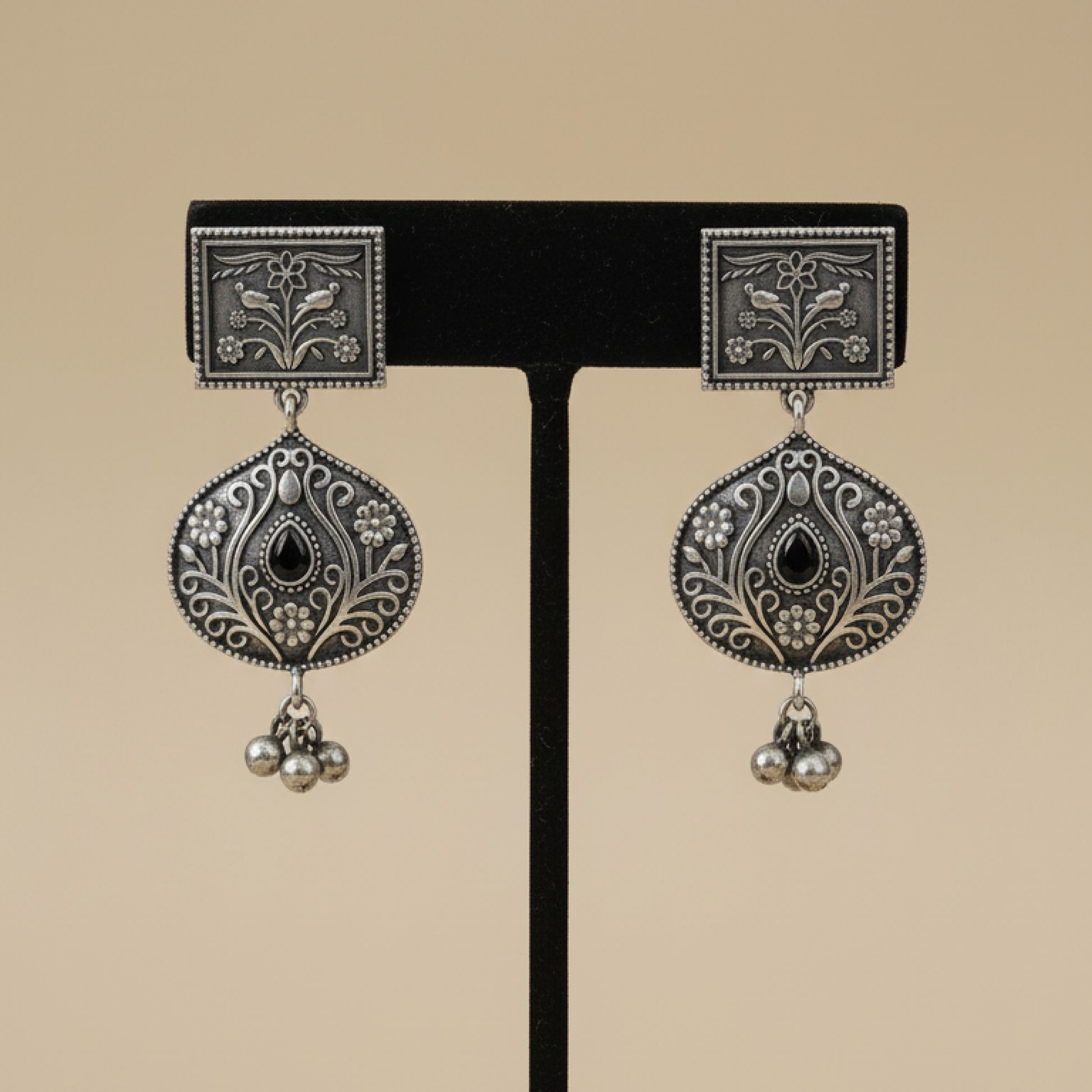 Oxidized Silver Black Stone Drop Earrings with Floral Engraving and Antique Finish