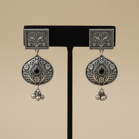 Oxidized Silver Black Stone Drop Earrings with Floral Engraving and Antique Finish
