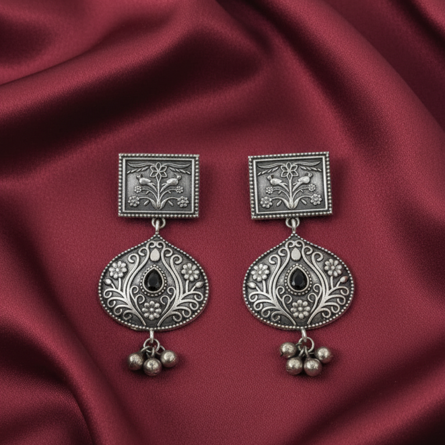 Oxidized Silver Black Stone Drop Earrings with Floral Engraving and Antique Finish