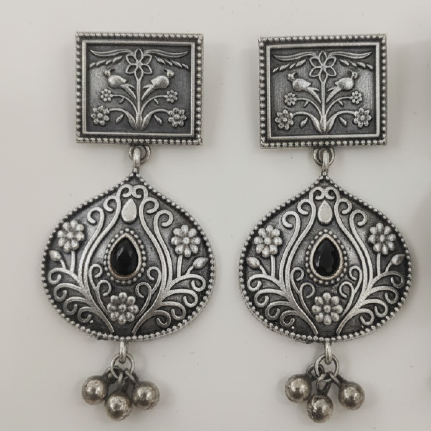 Oxidized Silver Black Stone Drop Earrings with Floral Engraving and Antique Finish