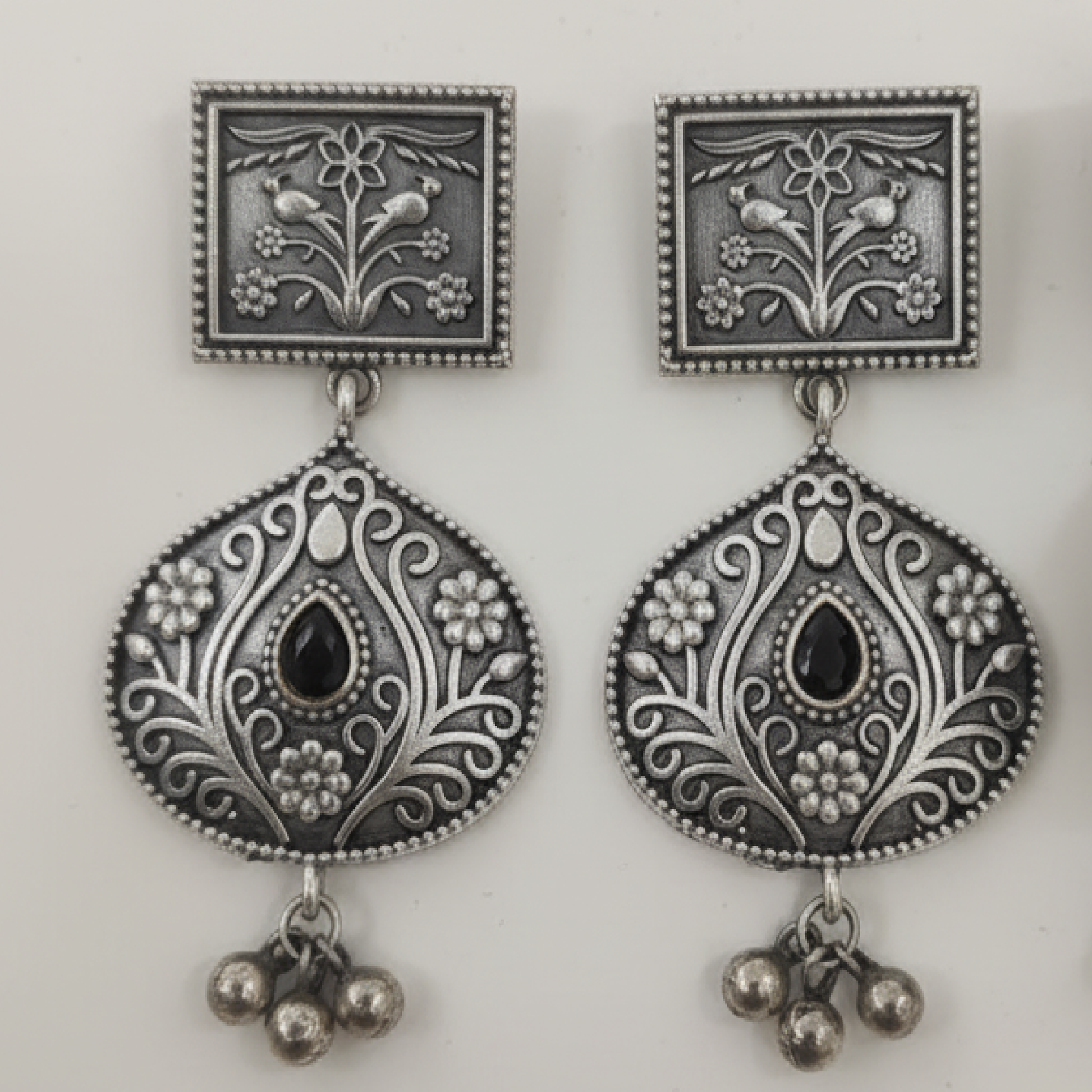 Oxidized Silver Black Stone Drop Earrings with Floral Engraving and Antique Finish