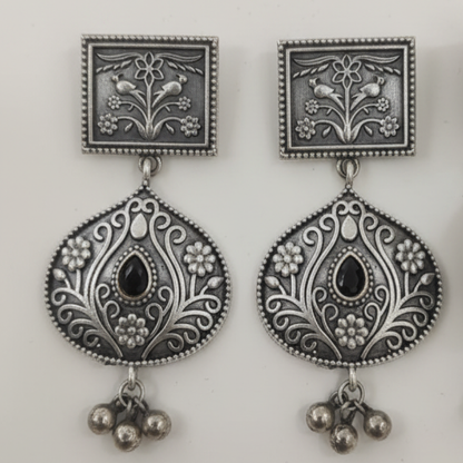 Oxidized Silver Black Stone Drop Earrings with Floral Engraving and Antique Finish