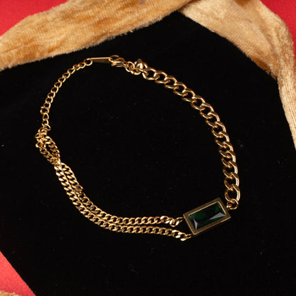 Golden color dual chain bracelet with rectangular green stone zoomed view – Revaaj