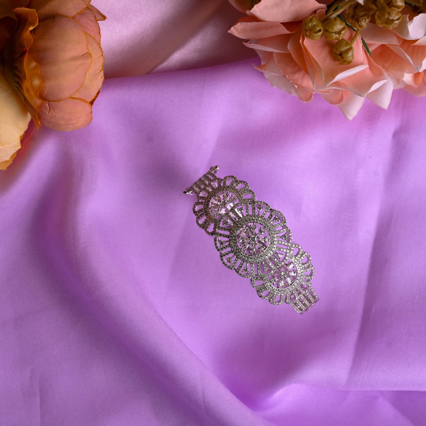 Designer Silver-Plated Floral Broad Bangle with Diamond Finish