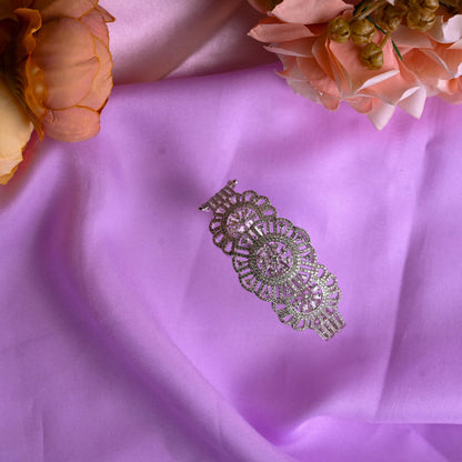 Designer Silver-Plated Floral Broad Bangle with Diamond Finish