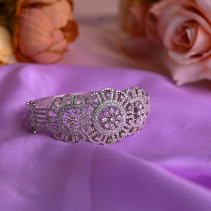 Designer Silver-Plated Floral Broad Bangle with Diamond Finish
