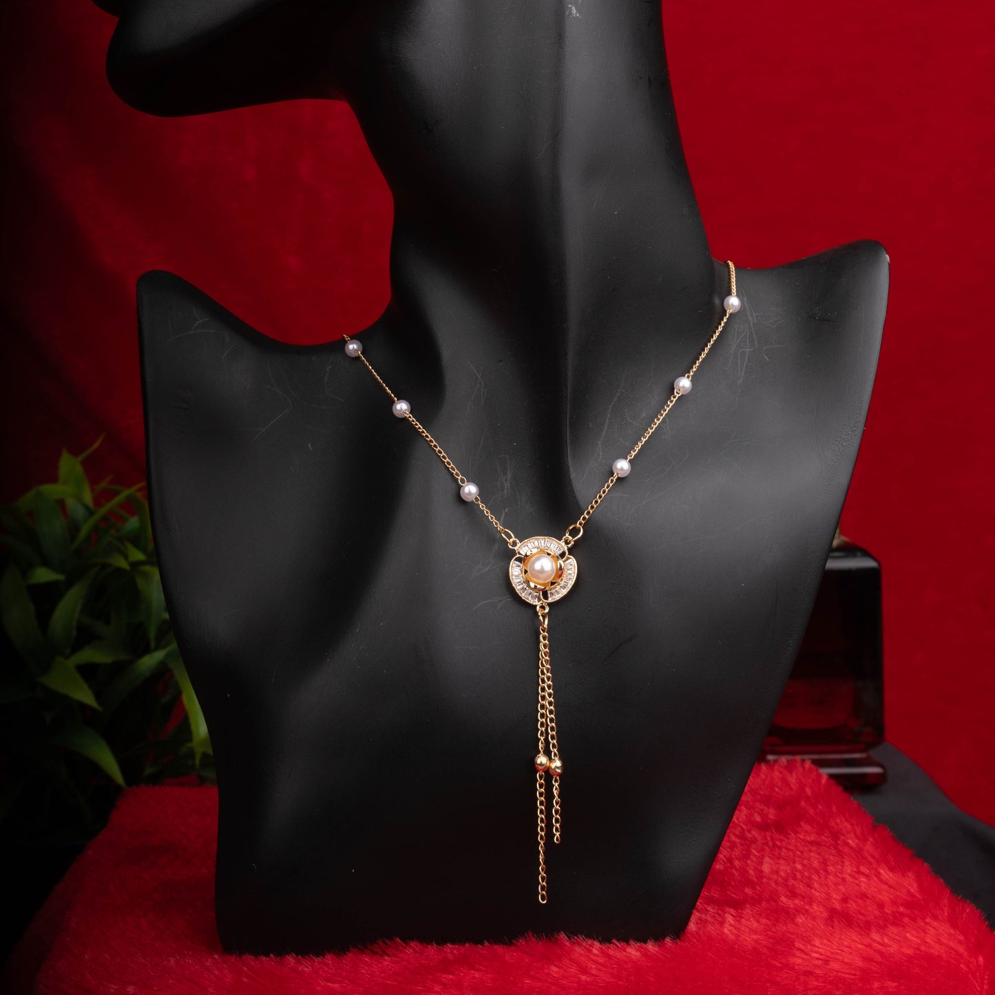 Gold pearl drop necklace with central crystal pendant - Revaaj