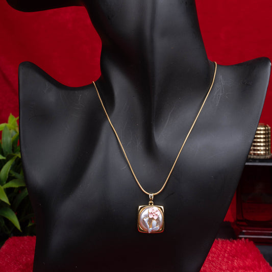 Gold floral mother-of-pearl pendant necklace with pink flower design - Revaaj