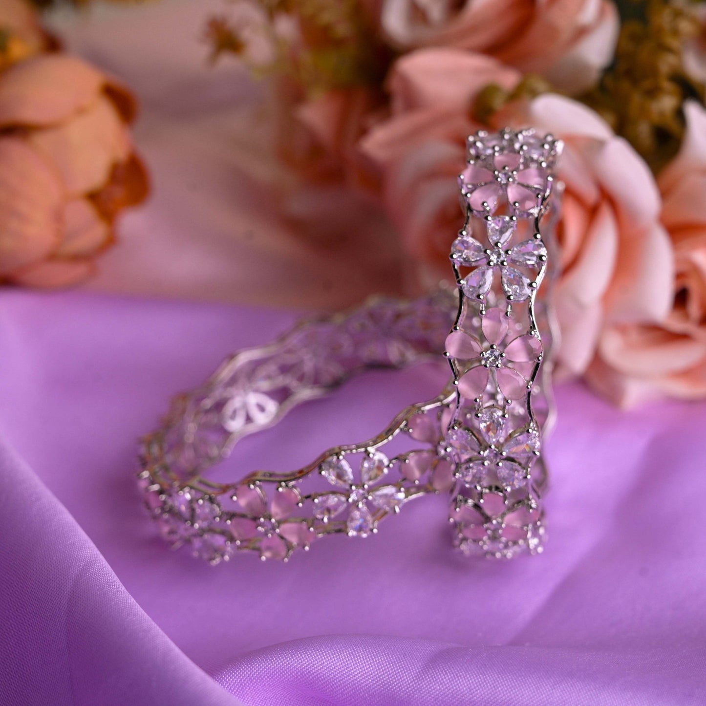 Silver-Plated Floral Stone Bangles with Petal Cutwork Design