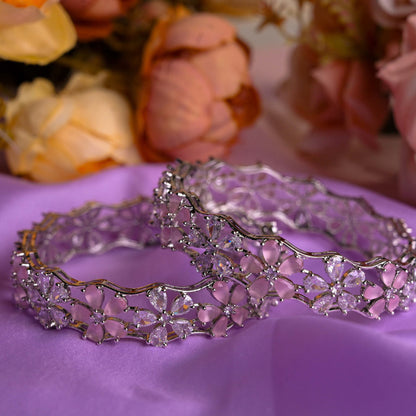 Silver-Plated Floral Stone Bangles with Petal Cutwork Design