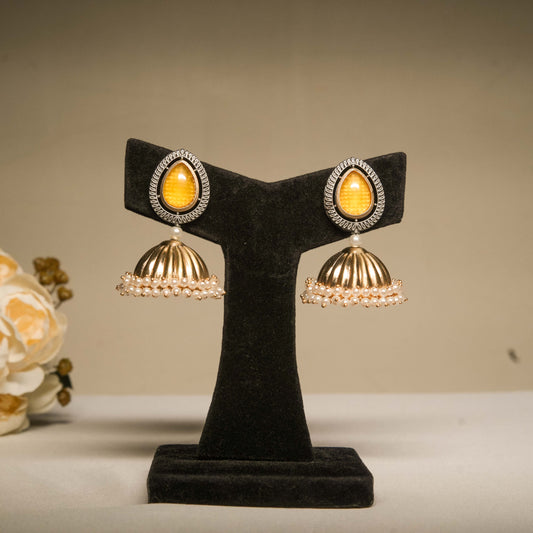 Yellow Teardrop Jhumkas with Pearl Fringe