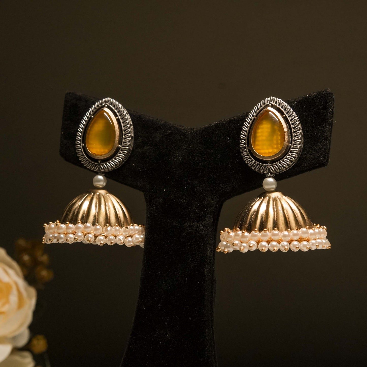Yellow Teardrop Jhumkas with Pearl Fringe