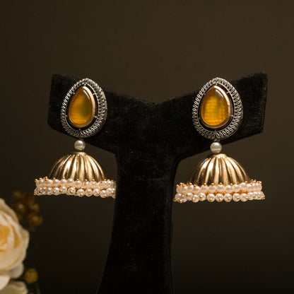 Yellow Teardrop Jhumkas with Pearl Fringe