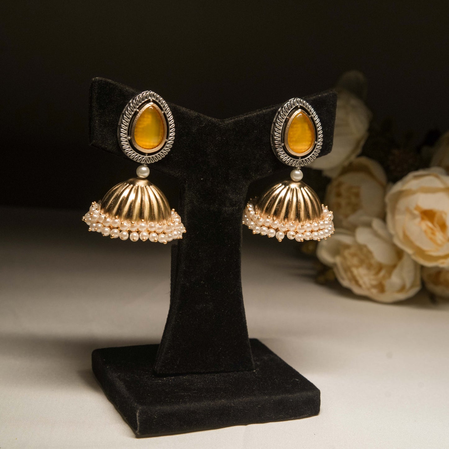 Yellow Teardrop Jhumkas with Pearl Fringe