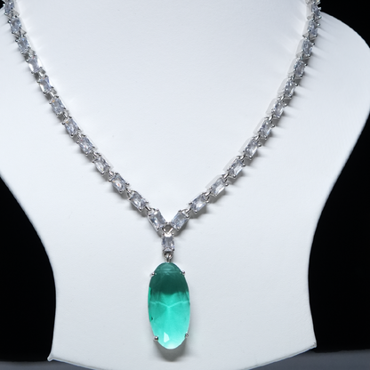 Emerald-Green Oval Pendant Necklace Set with CZ Accents
