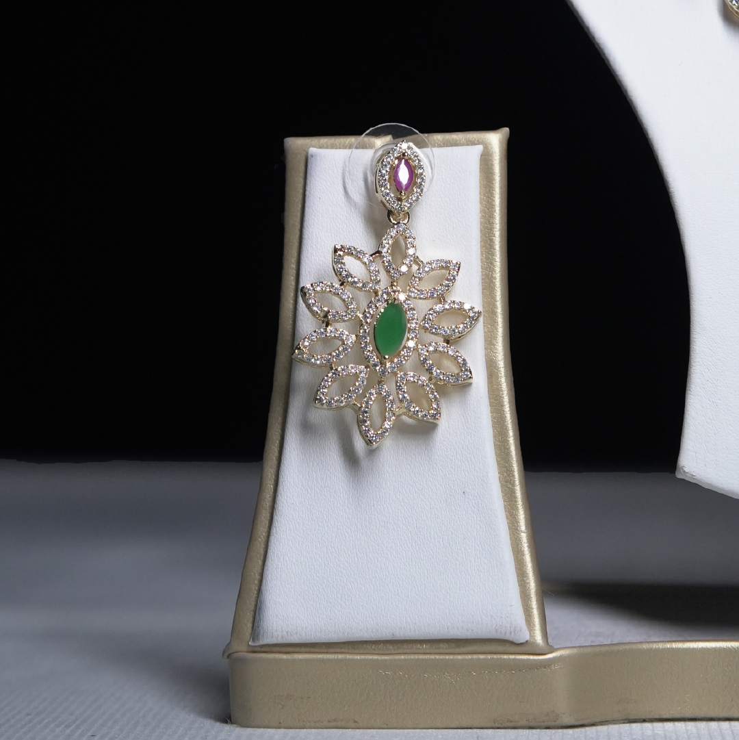 Emerald & Ruby Leaf Design Necklace Set with Earrings