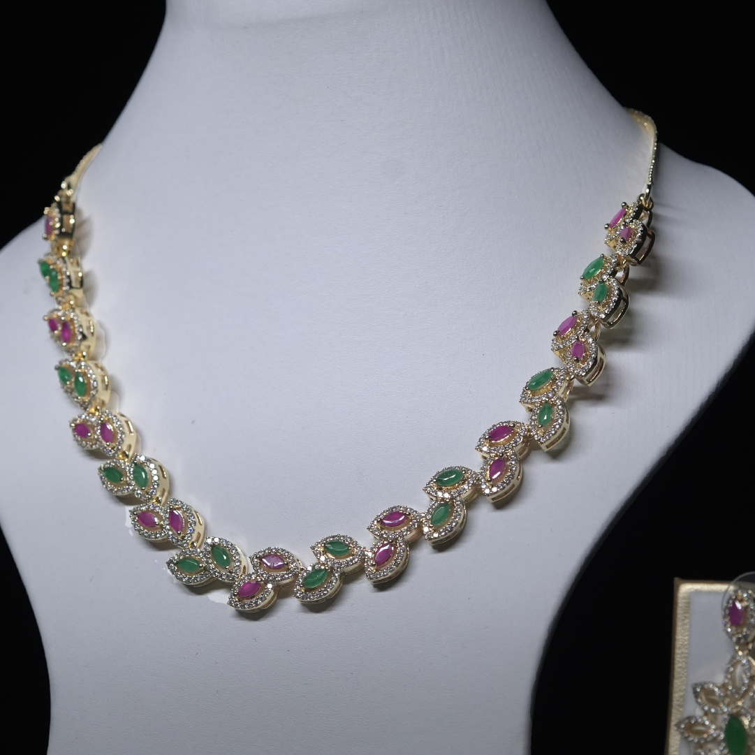 Emerald & Ruby Leaf Design Necklace Set with Earrings