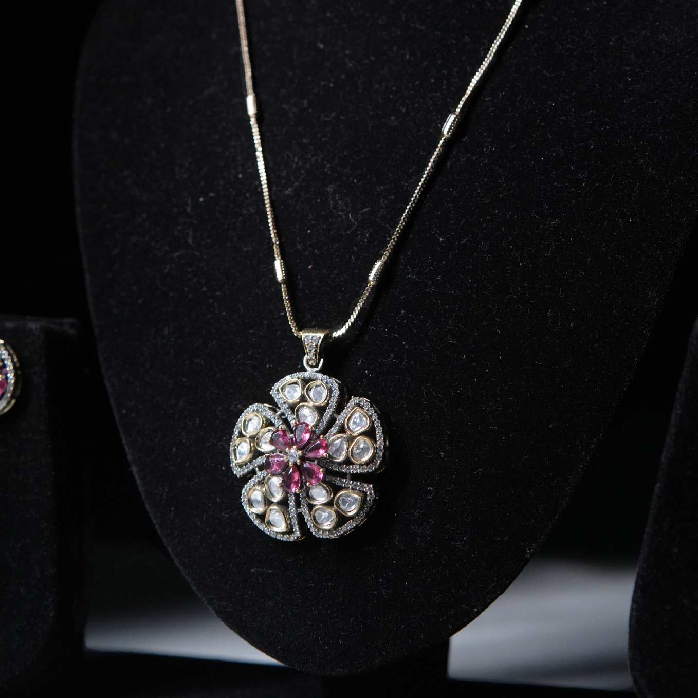 Floral Moissanite Pendant Chain Set with Pink Stone Accents