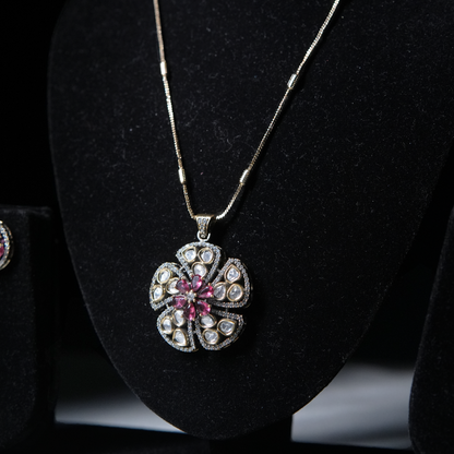 Floral Moissanite Pendant Chain Set with Pink Stone Accents