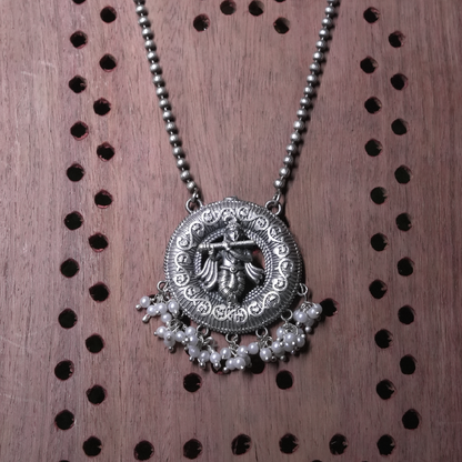 Oxidized Silver Krishna Pendant Necklace Set with Pearl Drops