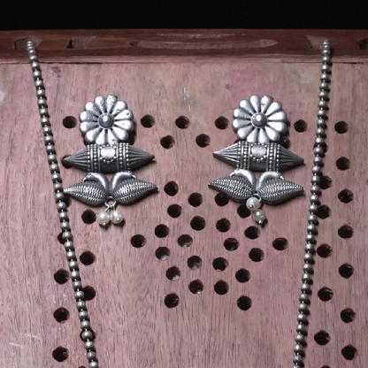Oxidized Silver Tribal Pendant Necklace Set with Pearl Drops