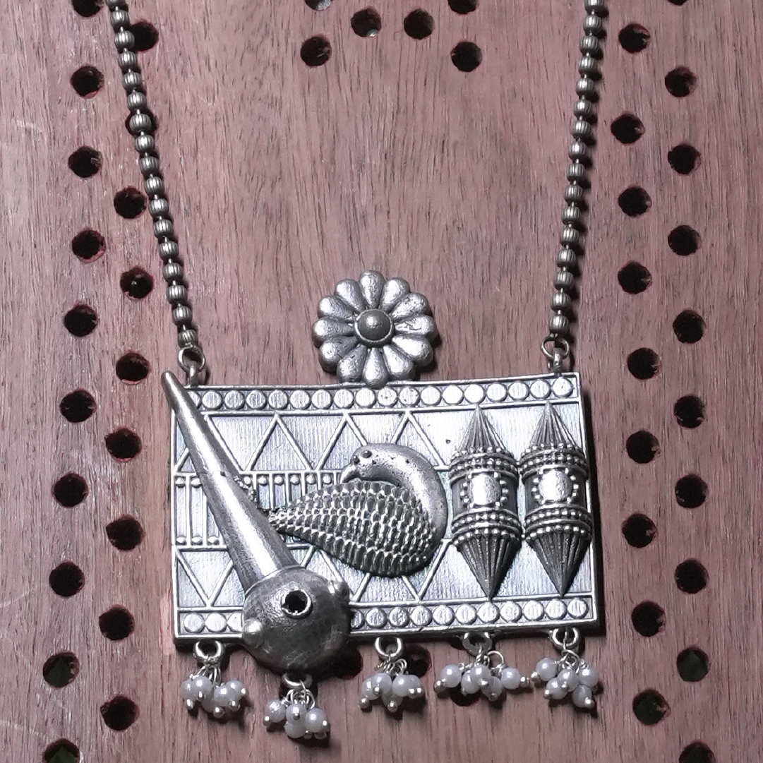 Oxidized Silver Tribal Pendant Necklace Set with Pearl Drops