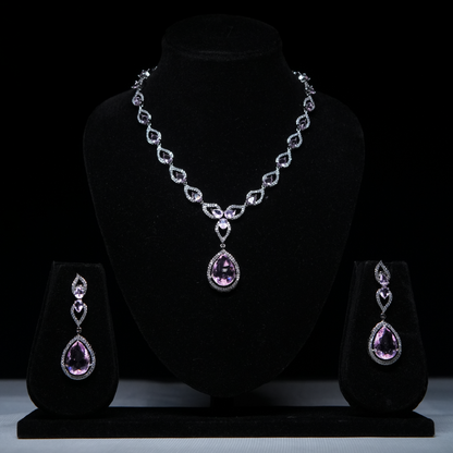 Revaaj Pink Amethyst Necklace and Earrings Set on Black Display