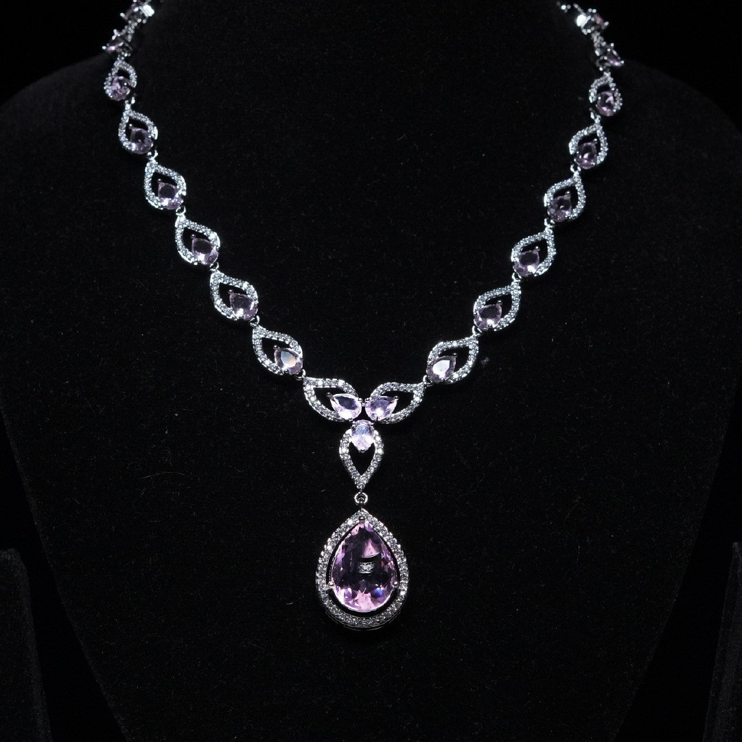 Pink Amethyst-Colored Teardrop Necklace Set with CZ Sparkle